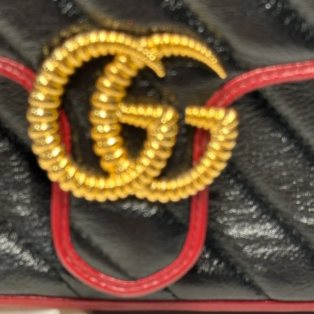 Gucci Marmont Black Quilted Leather Top Handle Satchel Shoulder Bag Red Trim